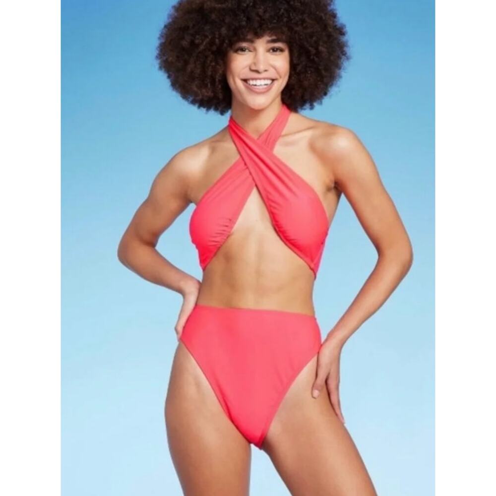 Wild Fable Cross Front Halter One Piece Swimsuit Coral NWT Size XS